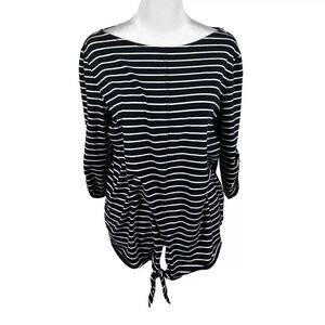 Jones New York Navy Striped 3/4 Sleeve Blouse Top Boat Neck Medium Casual
